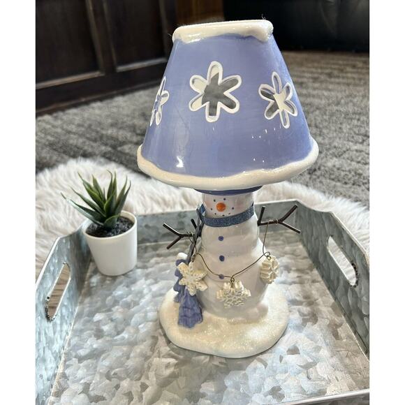 Snowman Ceramic Votive Tea Light Candle Holder Winter Snowflakes Blue White 10” - Picture 1 of 5